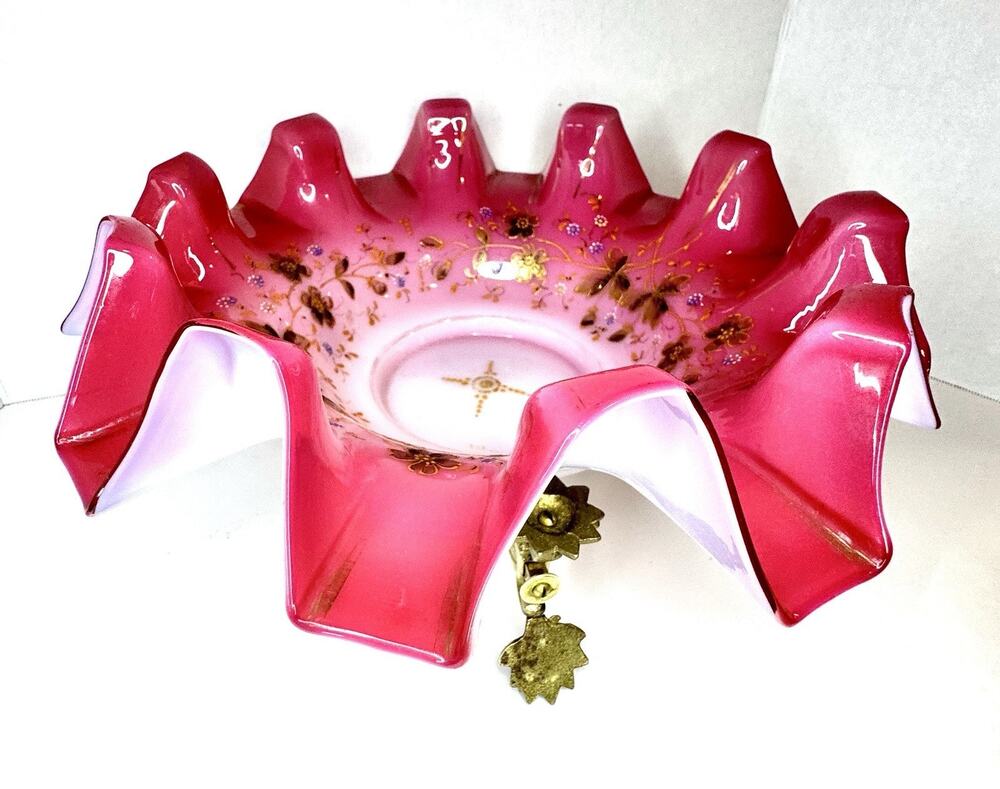 Antique Cranberry Opalescent Hand Painted Ruffled Brides Bowl & Brass Stand